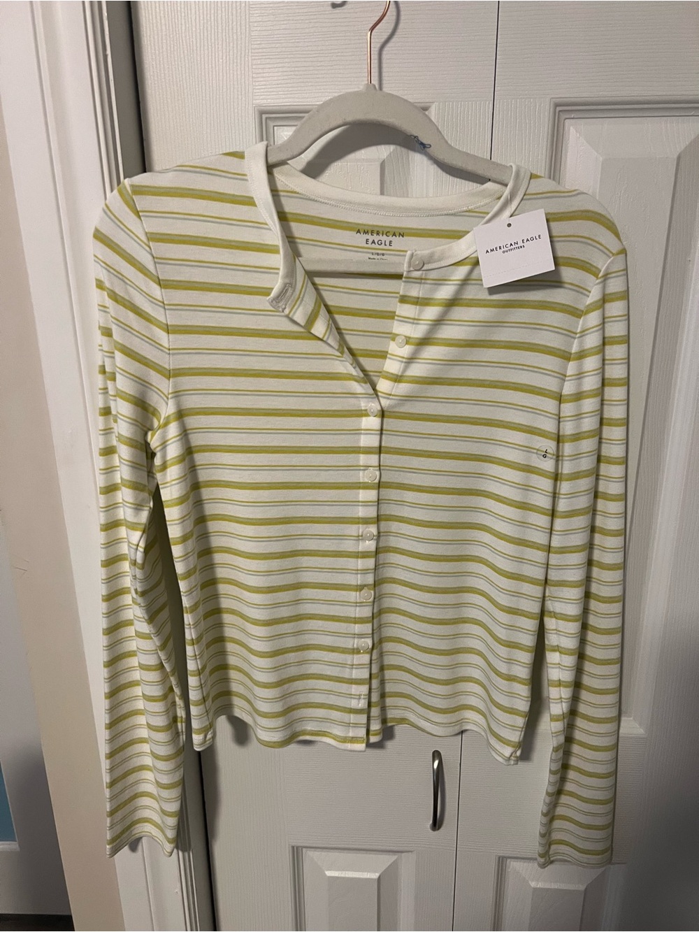 American Eagle Outfitters White and Light Green Striped Button Front Top